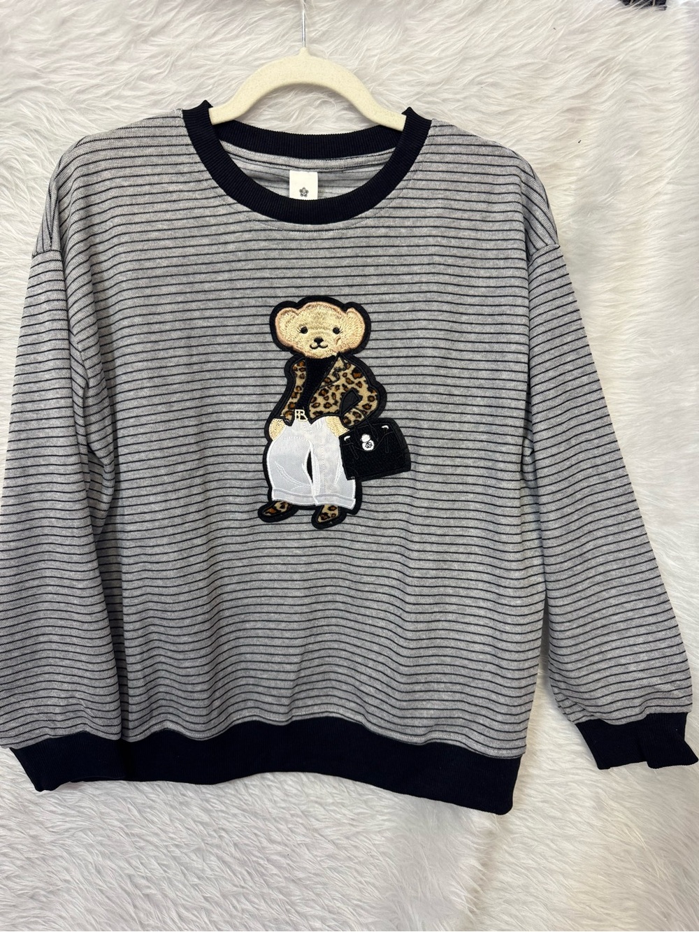 Striped Teddy Bear Patch Sweatshirt - Neutral Tones